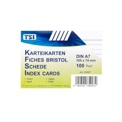 TSI Karteikarten weiß, 100er Packung, liniert, Größe: DIN A7 (105 x 74 mm), Art. Nr. 65997 TSI Karteikarten weiß, 100er Packung, liniert, Größe: DIN A7 (105 x 74 mm), Art. Nr. 65997
