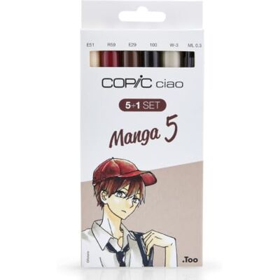 Copic Ciao Marker 5+1 sada "Manga 5", 5 univerzálních layoutmarker se středně širokým a štětcovým hrotem, vč. 1 multiliner 0,3 mm Copic Ciao Marker 5+1 sada "Manga 5", 5 univerzálních layoutmarker se středně širokým a štětcovým hrotem, vč. 1 multiliner 0,3 mm