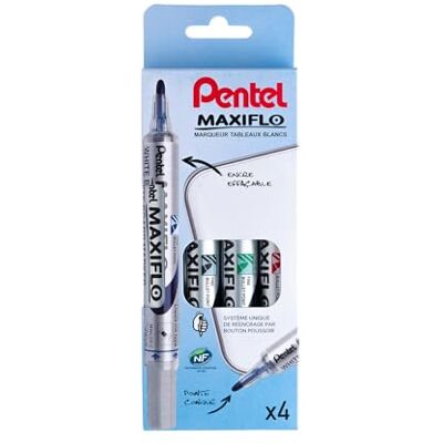 Pentel Maxiflo Marker 4er Etui trocken abwischbar Rundspitze flüssige Tinte schwarz blau grün rot Pentel Maxiflo Marker 4er Etui trocken abwischbar Rundspitze flüssige Tinte schwarz blau grün rot