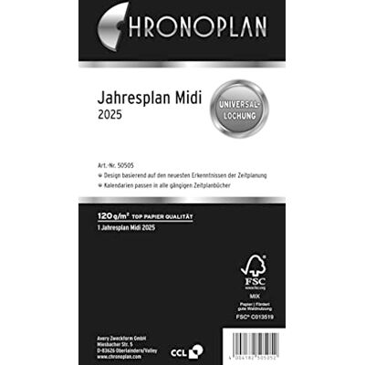 Avery Chronoplan 50505 kalendářová vložka 2025 (roční plán Midi (96 x 172 mm) náhradní kalendář pro termínový plánovač, pro přehledné roční plánování, 1 měsíc na 1 straně k rozevírání s překládáním Avery Chronoplan 50505 kalendářová vložka 2025 (roční plán Midi (96 x 172 mm) náhradní kalendář pro termínový plánovač, pro přehledné roční plánování, 1 měsíc na 1 straně k rozevírání s překládáním