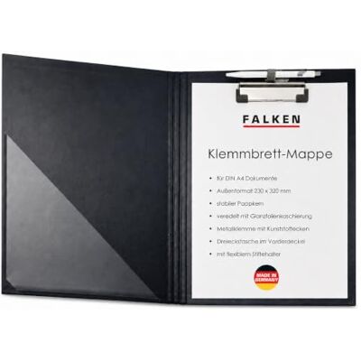 FALKEN Desky s klipem DIN A4 černé s kapsou na přední straně Made in Germany und Stiftehalter farbiger Papierbezug innen und außen Blauer Engel ideal für Inventur und Lagerwirtschaft FALKEN Desky s klipem DIN A4 černé s kapsou na přední straně Made in Germany und Stiftehalter farbiger Papierbezug innen und außen Blauer Engel ideal für Inventur und Lagerwirtschaft