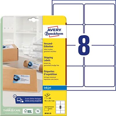 Avery J8165-25 Dopravní etikety/expediční nálepky (200 etiket, 99,1 x 67,7 mm na A4, lze potisknout, samolepicí, pro inkoustové tiskárny, pro obálky DIN B4/C4) 25 listů, bílá Avery J8165-25 Dopravní etikety/expediční nálepky (200 etiket, 99,1 x 67,7 mm na A4, lze potisknout, samolepicí, pro inkoustové tiskárny, pro obálky DIN B4/C4) 25 listů, bílá