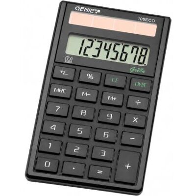 GENIE 105 ECO Taschenrechner Solar – 8-stellig, 100% batterielos, aus über 70% recyceltem Kunststoff, Blauer Engel – kompakter Schul- & Bürorechner für Schule, Büro & Zuhause – Schwarz GENIE 105 ECO Taschenrechner Solar – 8-stellig, 100% batterielos, aus über 70% recyceltem Kunststoff, Blauer Engel – kompakter Schul- & Bürorechner für Schule, Büro & Zuhause – Schwarz
