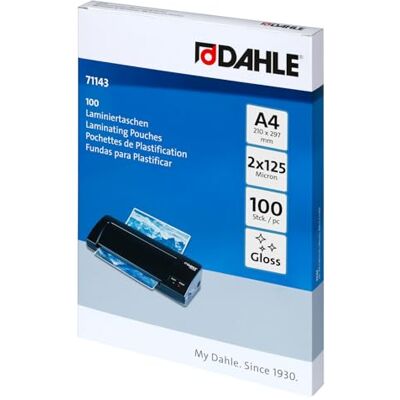 Dahle Laminovací fólie A4, 250 mikronů (2 x 125), 100 kusů, lesklé Ochrana dokumentů a fotografií, 216 × 303 mm, zesílené barvy, kompatibilní se všemi standardními laminovacími přístroji Dahle Laminovací fólie A4, 250 mikronů (2 x 125), 100 kusů, lesklé Ochrana dokumentů a fotografií, 216 × 303 mm, zesílené barvy, kompatibilní se všemi standardními laminovacími přístroji