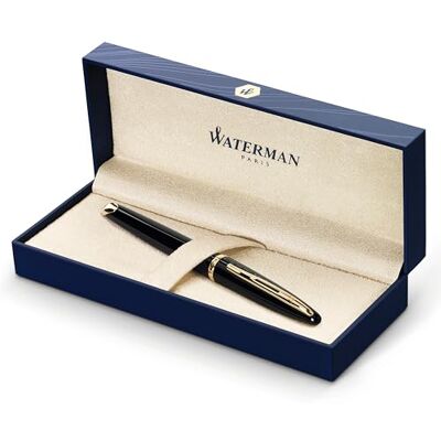 Waterman Carène Black Sea plnicí pero vysoce lesklá černá s klipem z 23karátového zlata plnicí pero se středním peřím modrý inkoust dárková krabička Waterman Carène Black Sea plnicí pero vysoce lesklá černá s klipem z 23karátového zlata plnicí pero se středním peřím modrý inkoust dárková krabička