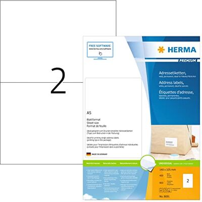Herma 8691 přepravní etikety, 400 listů, 148 x 105 mm, 2 arch A5, 800 kusů, samolepicí, s možností potisku, matné, prázdné papírové štítky na adresu, bílé Herma 8691 přepravní etikety, 400 listů, 148 x 105 mm, 2 arch A5, 800 kusů, samolepicí, s možností potisku, matné, prázdné papírové štítky na adresu, bílé