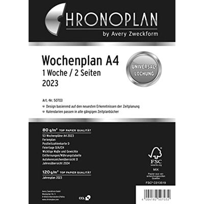 Avery Chronoplan 50703 kalendářová vložka 2023, týdenní plán ve formátu A4 (210 x 297 mm), dny ve sloupcích, náhradní kalendář, ideální pro podrobné týdenní plánování, 4dílné děrování (1 týden na 2 Avery Chronoplan 50703 kalendářová vložka 2023, týdenní plán ve formátu A4 (210 x 297 mm), dny ve sloupcích, náhradní kalendář, ideální pro podrobné týdenní plánování, 4dílné děrování (1 týden na 2