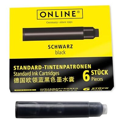 Online Standardní inkoustové kazety, univerzální inkoust, kompatibilní se všemi běžnými standardními náplněmi, náhradní patrony pro plnicí pera a kuličky, 6 kusů, barva černá Online Standardní inkoustové kazety, univerzální inkoust, kompatibilní se všemi běžnými standardními náplněmi, náhradní patrony pro plnicí pera a kuličky, 6 kusů, barva černá