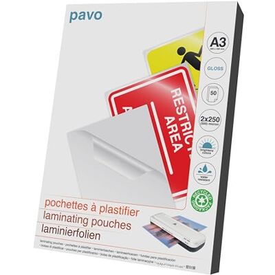 Pavo Premium Laminierfolien DIN A3, 2 x 250 micron, 50-er Pack, Glanz Pavo Premium Laminierfolien DIN A3, 2 x 250 micron, 50-er Pack, Glanz