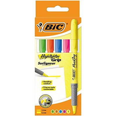 BIC Highlighter Grip, zvýrazňovač, balení 5 kusů, v 5 různých barvách, s klínovým hrotem, tloušťka čáry: 1,6 až 3,3 mm, s ochranou proti vysychání BIC Highlighter Grip, zvýrazňovač, balení 5 kusů, v 5 různých barvách, s klínovým hrotem, tloušťka čáry: 1,6 až 3,3 mm, s ochranou proti vysychání