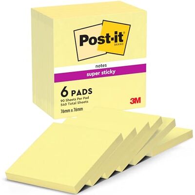 Post-it Super Sticky Notes kanárská žlutá, balení se 6 bloky, 90 listů na blok, 76 mm x 76 mm, barva: Žlutá extra silně lepicí poznámkové lístky pro poznámky, seznamy úkolů a vzpomínky Post-it Super Sticky Notes kanárská žlutá, balení se 6 bloky, 90 listů na blok, 76 mm x 76 mm, barva: Žlutá extra silně lepicí poznámkové lístky pro poznámky, seznamy úkolů a vzpomínky