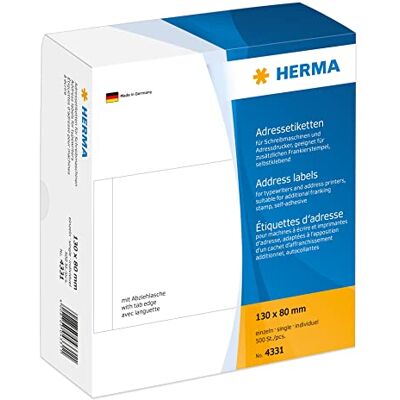 HERMA 4331 Adressetiketten für Schreibmaschinen, 130 x 80 mm, 500 Stück, selbstklebend, matt, einzeln, blanko Papier Adressaufkleber Klebeetiketten Aufkleber, weiß HERMA 4331 Adressetiketten für Schreibmaschinen, 130 x 80 mm, 500 Stück, selbstklebend, matt, einzeln, blanko Papier Adressaufkleber Klebeetiketten Aufkleber, weiß