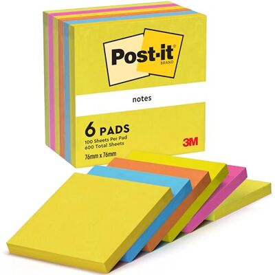 Post-it , samolepící papírky na poznámky (76 x 76 mm), 6 bločků, různé barvy Post-it , samolepící papírky na poznámky (76 x 76 mm), 6 bločků, různé barvy