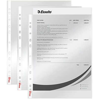 Esselte Sada prospektových obalů, 100 kusů, formát A4 s univerzálním děrováním, bezbarvý s lesklým povrchem, PP fólie 0,043 mm, 13089, 0,04 mm Esselte Sada prospektových obalů, 100 kusů, formát A4 s univerzálním děrováním, bezbarvý s lesklým povrchem, PP fólie 0,043 mm, 13089, 0,04 mm