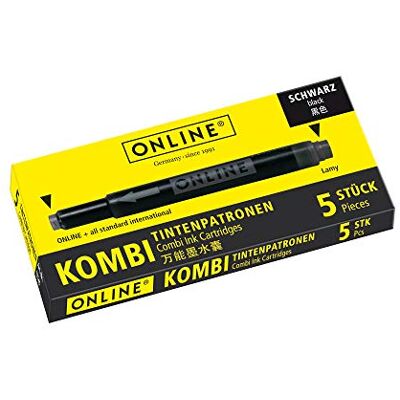Online Kombinované inkoustové kazety, univerzální náhradní kazety, kompatibilní se všemi běžnými plniči, také Lamy plnicí pera, krabička s 5 velkokapacitními kazetami, barva: Černá Online Kombinované inkoustové kazety, univerzální náhradní kazety, kompatibilní se všemi běžnými plniči, také Lamy plnicí pera, krabička s 5 velkokapacitními kazetami, barva: Černá