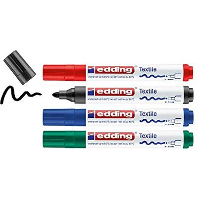 edding 4500 zvýrazňovačů textilu – černá, červená, modrá, zelená – 4 kusy – kulatý hrot 2–3 mm – textilní tužky lze prát v pračce (60 °C) k pomalování látky – tužka na textil edding 4500 zvýrazňovačů textilu – černá, červená, modrá, zelená – 4 kusy – kulatý hrot 2–3 mm – textilní tužky lze prát v pračce (60 °C) k pomalování látky – tužka na textil
