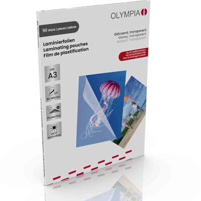 Olympia Laminovací fólie A3 80 Micron (2 x 80) – 50 kusů – extra čiré a odolné proti roztržení – prémiové laminovací fólie pro laminovací přístroje – lesklé, voděodolné pro dokumenty, fotografie, do školy a Olympia Laminovací fólie A3 80 Micron (2 x 80) – 50 kusů – extra čiré a odolné proti roztržení – prémiové laminovací fólie pro laminovací přístroje – lesklé, voděodolné pro dokumenty, fotografie, do školy a