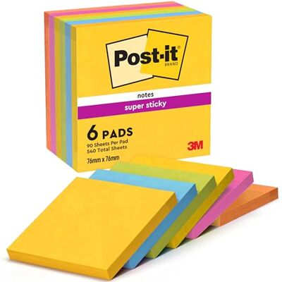 Post-it Poznámkové bločky Super Sticky Notes, 6 bloků (540 listů), 76 mm x Samolepicí poznámkové lístky se silnější přilnavostí, lepicí lístky pro kancelářské potřeby, upomínky a seznamy úkolů Post-it Poznámkové bločky Super Sticky Notes, 6 bloků (540 listů), 76 mm x Samolepicí poznámkové lístky se silnější přilnavostí, lepicí lístky pro kancelářské potřeby, upomínky a seznamy úkolů