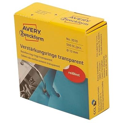 Avery 3510 Zesilovač otvorů samolepicí 500 kusů (Ø13 mm, výztužné kroužky na roli, permanentně přilnavý kroužkový zesilovač, zesilovač kruhového otvoru pro založení, fólie odolná proti roztržení) transparentní Avery 3510 Zesilovač otvorů samolepicí 500 kusů (Ø13 mm, výztužné kroužky na roli, permanentně přilnavý kroužkový zesilovač, zesilovač kruhového otvoru pro založení, fólie odolná proti roztržení) transparentní
