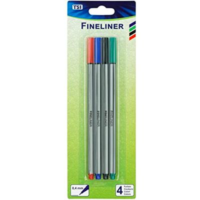 TSI Fineliner 4 barvy (červená/zelená/modrá/černá) se super jemnou kovovou špičkou, šestihranná stopa, tloušťka linky 0,4 mm, č. 38713 TSI Fineliner 4 barvy (červená/zelená/modrá/černá) se super jemnou kovovou špičkou, šestihranná stopa, tloušťka linky 0,4 mm, č. 38713