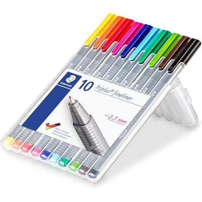 Staedtler Fineliner Triplus, super jemná, kovová krajka, šířka linií cca 0,3 mm, trojúhelníková, vysoká kvalita, sada s 10 brilantními barvami v nastavitelném boxu , 334 SB10 Staedtler Fineliner Triplus, super jemná, kovová krajka, šířka linií cca 0,3 mm, trojúhelníková, vysoká kvalita, sada s 10 brilantními barvami v nastavitelném boxu , 334 SB10