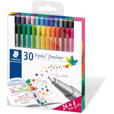 Staedtler triplus fineliner 334 – 30 barev, 0,3 mm Černá a barevná, super jemná kovová špička – trojhranná, ergonomická – výr. č. 334 C30P Staedtler triplus fineliner 334 – 30 barev, 0,3 mm Černá a barevná, super jemná kovová špička – trojhranná, ergonomická – výr. č. 334 C30P