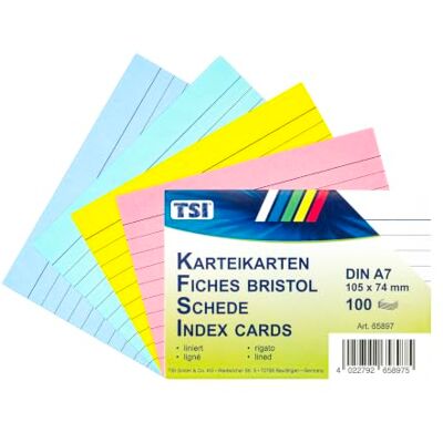 TSI Kartotéční lístky barevně tříděné, balení po 100 kusech, linkované, velikost: DIN A7 (105 x 74 mm), č TSI Kartotéční lístky barevně tříděné, balení po 100 kusech, linkované, velikost: DIN A7 (105 x 74 mm), č