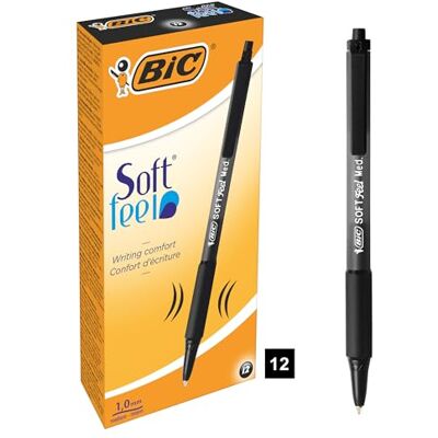 BIC Sada kuličkových per Soft Feel Clic Grip, v černé barvě, tloušťka linky 1,0 mm, balení po 12 kusech, ideální do kanceláře, domácí kanceláře nebo školy BIC Sada kuličkových per Soft Feel Clic Grip, v černé barvě, tloušťka linky 1,0 mm, balení po 12 kusech, ideální do kanceláře, domácí kanceláře nebo školy