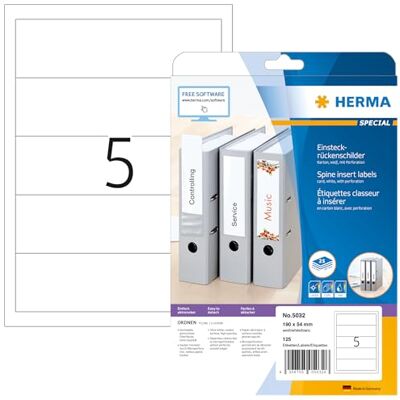 Herma 5032 zasouvací zadní štítky pro pořadače perforované krátké, široké, 25 listů, 190 x 54 mm, 5 na arch A4, 125 kusů, lze potisknout, matné, blanko karton vkládací štítky štítky, bílé Herma 5032 zasouvací zadní štítky pro pořadače perforované krátké, široké, 25 listů, 190 x 54 mm, 5 na arch A4, 125 kusů, lze potisknout, matné, blanko karton vkládací štítky štítky, bílé
