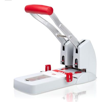 SAX 908 Starklocher až 150 listů, 2/4 děrovačky, kancelářské děrovačky s nastavitelnou děrovací mechanikou, ergonomickou rukojetí a ukládáním plastových skel, kovové pouzdro, šedá/červená SAX 908 Starklocher až 150 listů, 2/4 děrovačky, kancelářské děrovačky s nastavitelnou děrovací mechanikou, ergonomickou rukojetí a ukládáním plastových skel, kovové pouzdro, šedá/červená