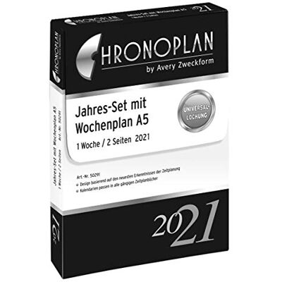 Avery Chronoplan 50201 kalendářová vložka 2021, roční sada A5 s denními plány (148 x 210 mm), náhradní kalendář, ideální pro profesionální denní plánování, vícenásobné děrování (1 den na 2 stranách), bílá Avery Chronoplan 50201 kalendářová vložka 2021, roční sada A5 s denními plány (148 x 210 mm), náhradní kalendář, ideální pro profesionální denní plánování, vícenásobné děrování (1 den na 2 stranách), bílá