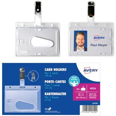 Avery 4826 jmenovky na oblečení, 25 kusů (54 x 85 mm, držák na karty s kovovou sponou a otvorem pro palec, tvrdý box, obal na doklady pro identifikační kartu, ochranné obaly), transparentní Avery 4826 jmenovky na oblečení, 25 kusů (54 x 85 mm, držák na karty s kovovou sponou a otvorem pro palec, tvrdý box, obal na doklady pro identifikační kartu, ochranné obaly), transparentní