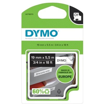 Dymo Originální vysoce výkonná páska na etikety D1 černá na bílé 19 mm x 5,5 m permanentně přilnavá polyesterová páska pro popisovací přístroj LabelManager Dymo Originální vysoce výkonná páska na etikety D1 černá na bílé 19 mm x 5,5 m permanentně přilnavá polyesterová páska pro popisovací přístroj LabelManager