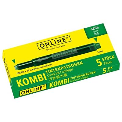 Online Kombinované inkoustové kazety, univerzální náhradní kazety, kompatibilní se všemi běžnými plniči, také Lamy plnicí pera, krabička s 5 velkokapacitními kazetami, barva: zelená Online Kombinované inkoustové kazety, univerzální náhradní kazety, kompatibilní se všemi běžnými plniči, také Lamy plnicí pera, krabička s 5 velkokapacitními kazetami, barva: zelená