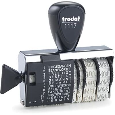 Trodat Classic 1117 – datumové razítko se slovní páskou, německé měsíce, otisk cca 6 x 56 mm Trodat Classic 1117 – datumové razítko se slovní páskou, německé měsíce, otisk cca 6 x 56 mm