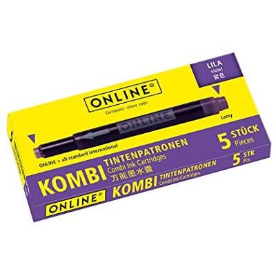 Online Kombinované inkoustové kazety, univerzální náhradní kazety, kompatibilní se všemi běžnými plniči, také Lamy plnicí pera, krabička s 5 velkokapacitními kazetami, barva: fialová Online Kombinované inkoustové kazety, univerzální náhradní kazety, kompatibilní se všemi běžnými plniči, také Lamy plnicí pera, krabička s 5 velkokapacitními kazetami, barva: fialová