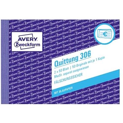 Avery 306 bloků stvrzenek (A6 na šířku, 2x50 listů, s průrazem, proti falšování, samostatně vykázaná DPH, pro Německo a Rakousko) bílý Avery 306 bloků stvrzenek (A6 na šířku, 2x50 listů, s průrazem, proti falšování, samostatně vykázaná DPH, pro Německo a Rakousko) bílý