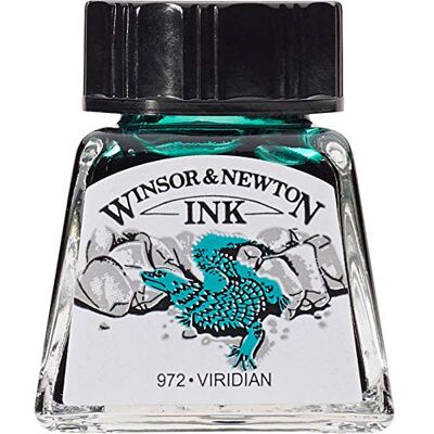 Winsor & Newton 1005692 Drawing Inks – kreslicí tuš pro kaligrafie, ilustrátory, grafiky, umělce – voděodolné barvy, vynikající průhlednost, láhev 14 ml – Viridian Winsor & Newton 1005692 Drawing Inks – kreslicí tuš pro kaligrafie, ilustrátory, grafiky, umělce – voděodolné barvy, vynikající průhlednost, láhev 14 ml – Viridian
