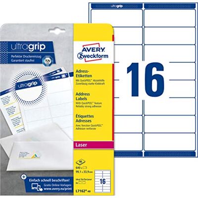 Avery L7162-40 Adressetiketten/Adressaufkleber (640 Etiketten mit ultragrip, 99,1x33,9mm auf A4, bedruckbar, selbstklebend, für DIN lang Briefkuverts, Papier matt) 40 Blatt, weiß Avery L7162-40 Adressetiketten/Adressaufkleber (640 Etiketten mit ultragrip, 99,1x33,9mm auf A4, bedruckbar, selbstklebend, für DIN lang Briefkuverts, Papier matt) 40 Blatt, weiß