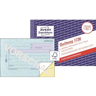 Avery 1736 blok stvrzenek (A6 na šířku, 2 x 40 listů, propisující, tisk dokumentů zabezpečený proti falšování, pro částky pod 250 € vč. DPH, pro DE/AT) bílá/žlutá Avery 1736 blok stvrzenek (A6 na šířku, 2 x 40 listů, propisující, tisk dokumentů zabezpečený proti falšování, pro částky pod 250 € vč. DPH, pro DE/AT) bílá/žlutá