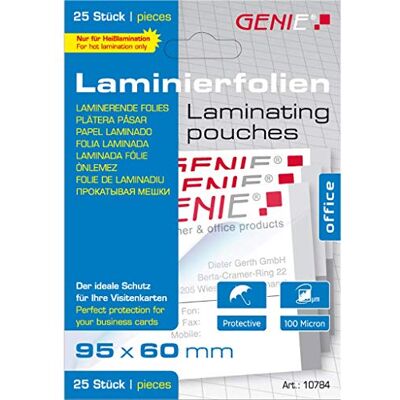 GENIE 10784 laminovací fólie (čirá; 100 mikronů až pro formáty vizitek; vhodné pro všechny přístroje pro laminování teplých látek; 95 x 60 mm) balení 25 ks GENIE 10784 laminovací fólie (čirá; 100 mikronů až pro formáty vizitek; vhodné pro všechny přístroje pro laminování teplých látek; 95 x 60 mm) balení 25 ks