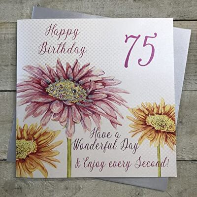 WHITE COTTON CARDS Happy 75th Birthday. Extra große Geburtstagskarte. (Rosa Blume), XLWBA75, weiß, 22cm x 22cm WHITE COTTON CARDS Happy 75th Birthday. Extra große Geburtstagskarte. (Rosa Blume), XLWBA75, weiß, 22cm x 22cm