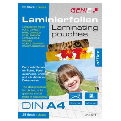 GENIE Laminovací fólie 10781 (průhledná; 80 mikronů; formáty až DIN A4; vhodné pro všechny horké laminační přístroje) balení 25 ks GENIE Laminovací fólie 10781 (průhledná; 80 mikronů; formáty až DIN A4; vhodné pro všechny horké laminační přístroje) balení 25 ks