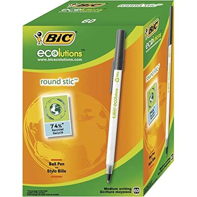 BIC Kuličkové pero ECOlutions Round Stic, v černé barvě, tloušťka linky 0,4 mm, balení po 60 kusech, ideální do kanceláře, domácí kanceláře nebo školy BIC Kuličkové pero ECOlutions Round Stic, v černé barvě, tloušťka linky 0,4 mm, balení po 60 kusech, ideální do kanceláře, domácí kanceláře nebo školy
