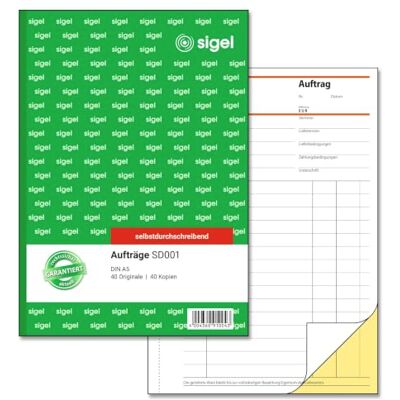 Sigel SD001 Auftragsbuch A5, 2x40 Blatt, selbstdurchschreibend, 1 Stück, aus nachhaltigem Papier Sigel SD001 Auftragsbuch A5, 2x40 Blatt, selbstdurchschreibend, 1 Stück, aus nachhaltigem Papier