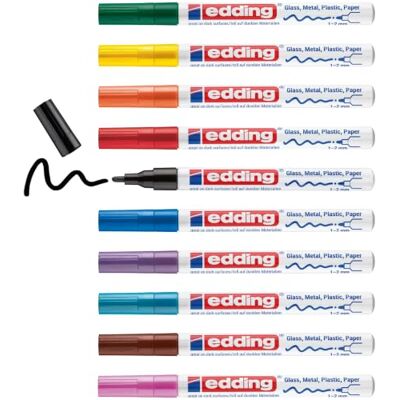 edding 751 sada lesklých lakových popisovačů – vícebarevná – 10 barevných popisovačů – kulatá špička 1–2 mm – lakovací tyčinka na sklo, kámen, dřevo, plast a papír – voděodolná, silně kryjící edding 751 sada lesklých lakových popisovačů – vícebarevná – 10 barevných popisovačů – kulatá špička 1–2 mm – lakovací tyčinka na sklo, kámen, dřevo, plast a papír – voděodolná, silně kryjící