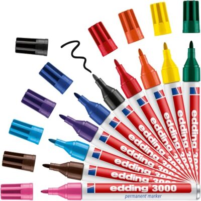 edding 3000 permanentních popisovačů – 10 pestrých barev (standardní) – kulatý hrot 1,5 – 3 mm – rychle schnoucí permanentní popisovač – voděodolný, odolný proti rozmazání – na karton, plast, dřevo, kov – univerzální popisovač edding 3000 permanentních popisovačů – 10 pestrých barev (standardní) – kulatý hrot 1,5 – 3 mm – rychle schnoucí permanentní popisovač – voděodolný, odolný proti rozmazání – na karton, plast, dřevo, kov – univerzální popisovač