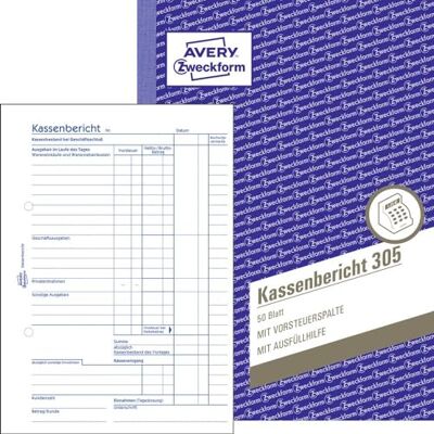 Avery Zpráva o pokladně 305 (A5, 50 listů, mikroperforovaná, retrograde zjištění denních příjmů, testováno právními odborníky, pro DE/AT, pro řádné účetnictví), bílá Avery Zpráva o pokladně 305 (A5, 50 listů, mikroperforovaná, retrograde zjištění denních příjmů, testováno právními odborníky, pro DE/AT, pro řádné účetnictví), bílá