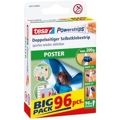 tesa Powerstrips POSTER Big Pack 96 oboustranných lepicích proužků Samolepicí upevňovací pásky pro plakáty a plakáty samolepicí proužky plakátů s přídržnou silou až 200 g tesa Powerstrips POSTER Big Pack 96 oboustranných lepicích proužků Samolepicí upevňovací pásky pro plakáty a plakáty samolepicí proužky plakátů s přídržnou silou až 200 g