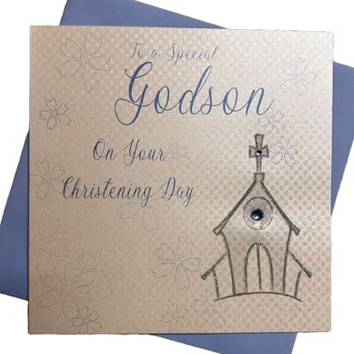 White Cotton Cards WB186 Glückwunschkarte to a Special Godson on Your Christening Day, handgefertigt, Kirche, weiß, 16cm x 16cm White Cotton Cards WB186 Glückwunschkarte to a Special Godson on Your Christening Day, handgefertigt, Kirche, weiß, 16cm x 16cm